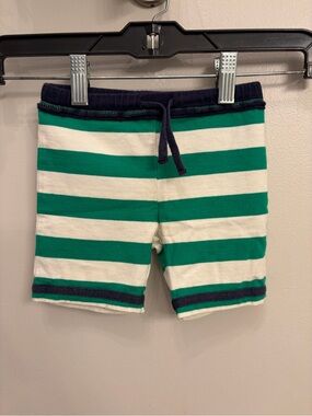 Baby Boden Green and White Striped Shorts with Navy Trim 3-6 months